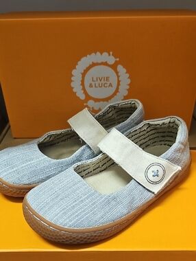 Livie & Luca Light Gray Mary Jane Canvas Shoes with Tan Trim